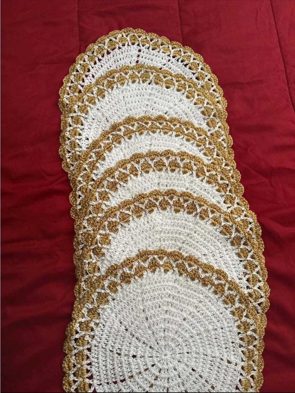 Hand-Crocheted Round Doilies in White and Gold